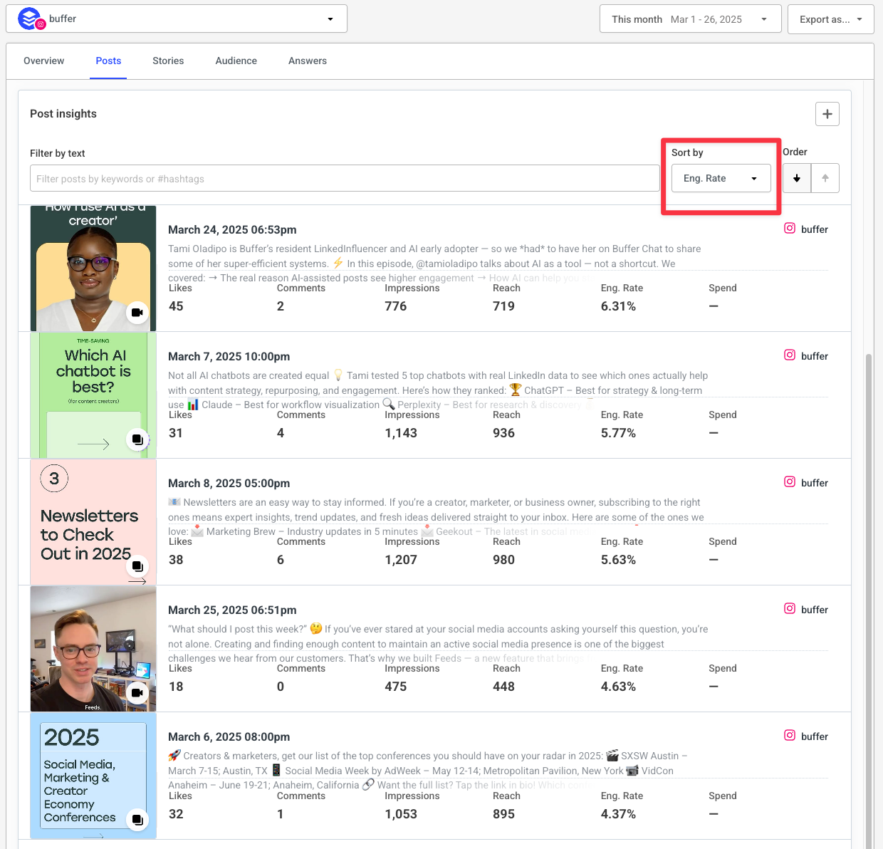 Recent Instagram posts sorted by Engagement Rate in Buffer