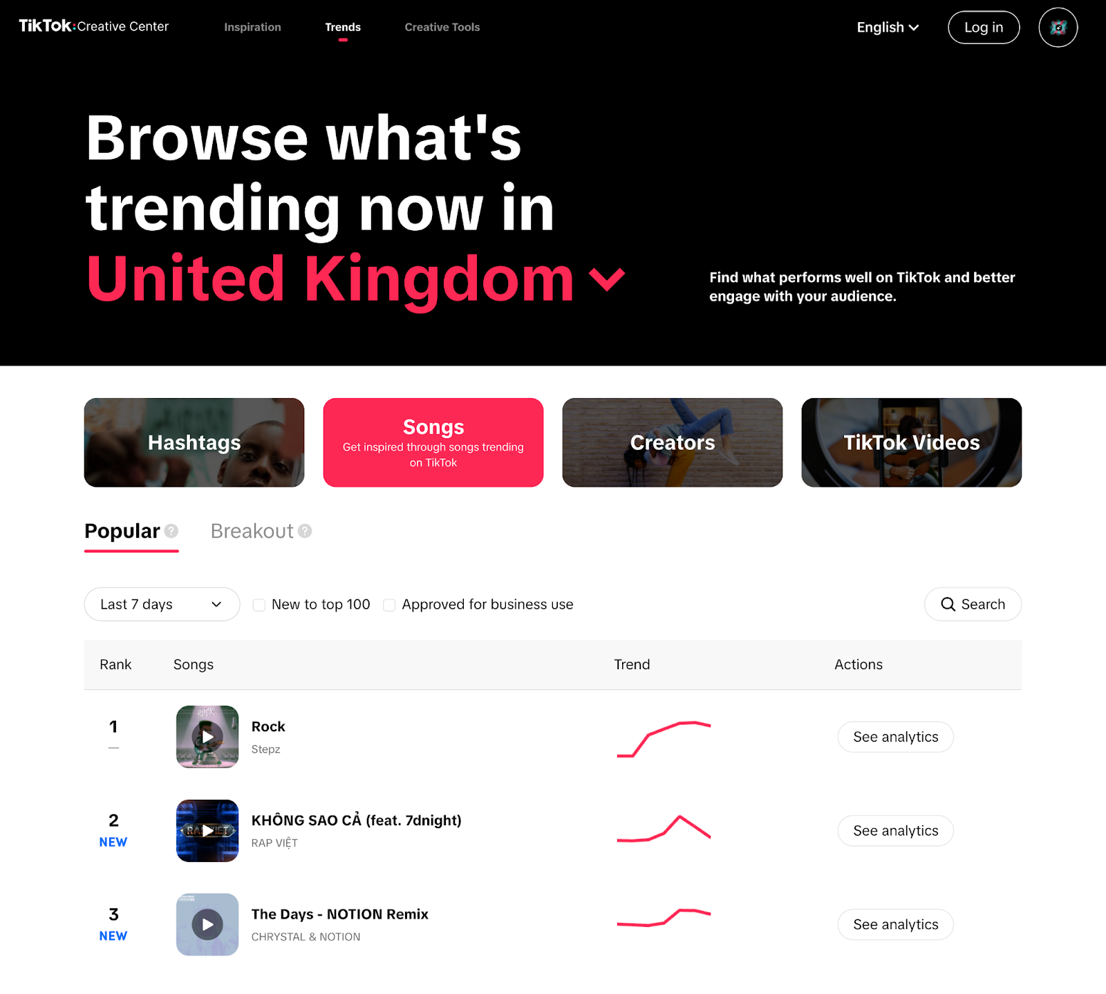 TikTok's Creative Center showing currently trending songs in the UK